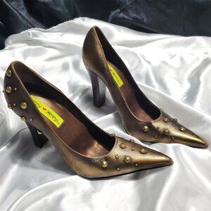 PENNY LOVES KENNY bronze gold pointy toe brown stacked high heel pumps BEWILDER